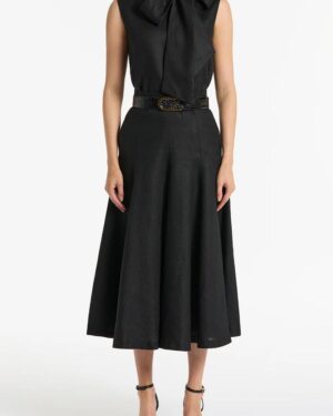 BLACK LINEN MIDI SKIRT