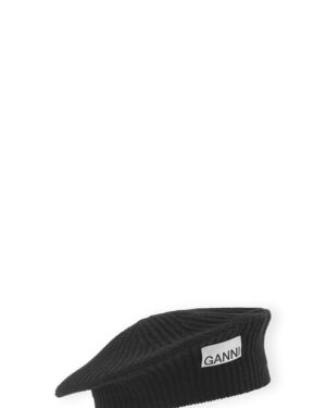 GANNI Wool Rib Knit Beret in Black