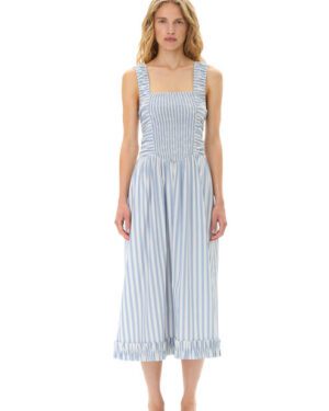 GANNI White Blue Stripe Cotton Midi Strap Smock Dress