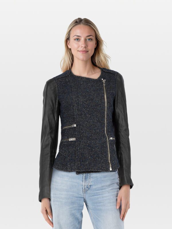 Maje Navy & Black Tweed & Leather Zip Up Jacket