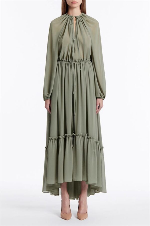 CELERY GEORGETTE GATHERED TIE DRESS