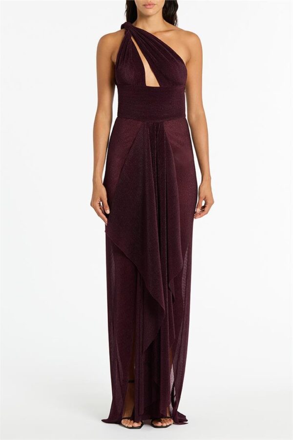 PLUM SHEER PLISSE ONE SHOULDER GOWN