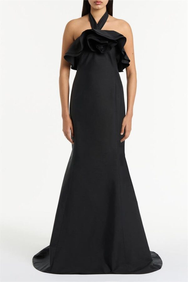 BLACK SILK DUPION ROSE GOWN