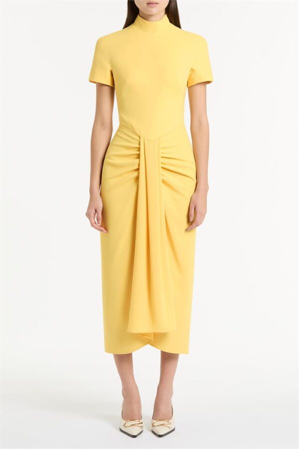 BUTTER CREPE FITTED WATERFALL MIDI DRESS