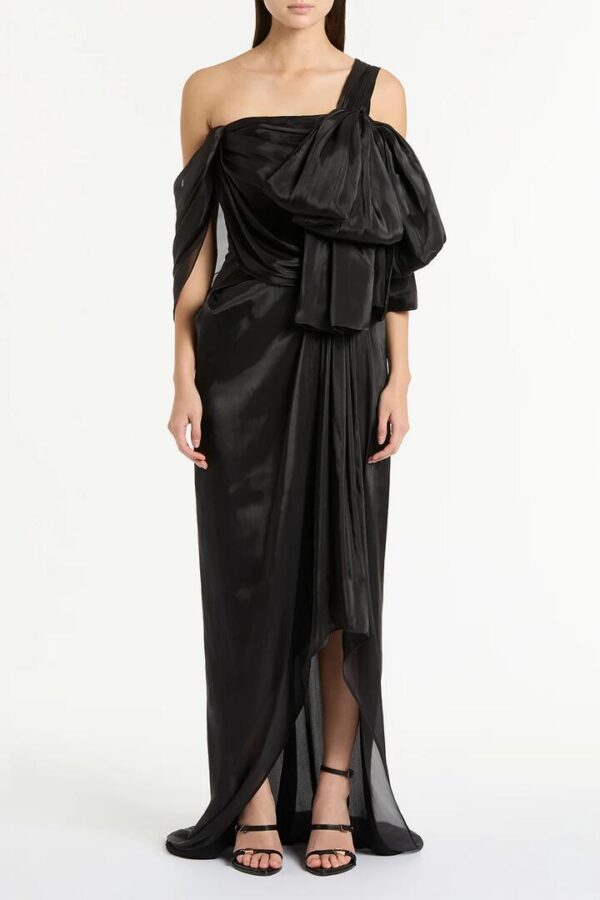 BLACK LUSTRE CHIFFON BOW GOWN
