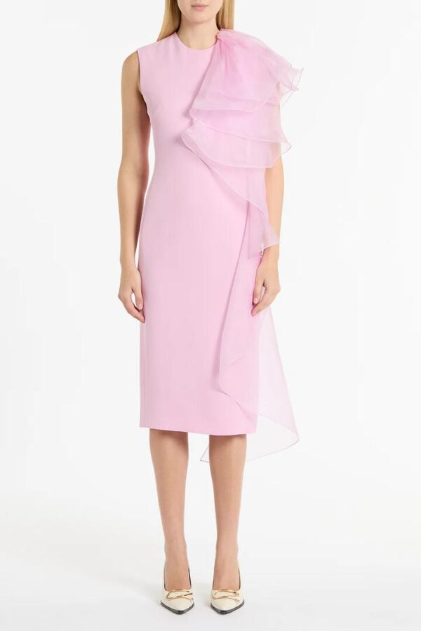 ORCHID CREPE RUFFLE SHOULDER DRESS