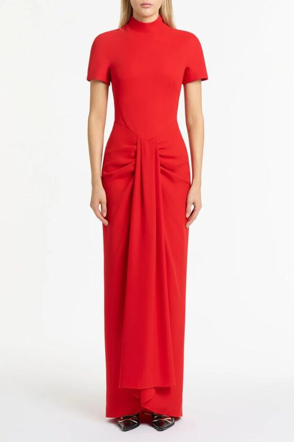 RED CREPE FITTED WATERFALL GOWN