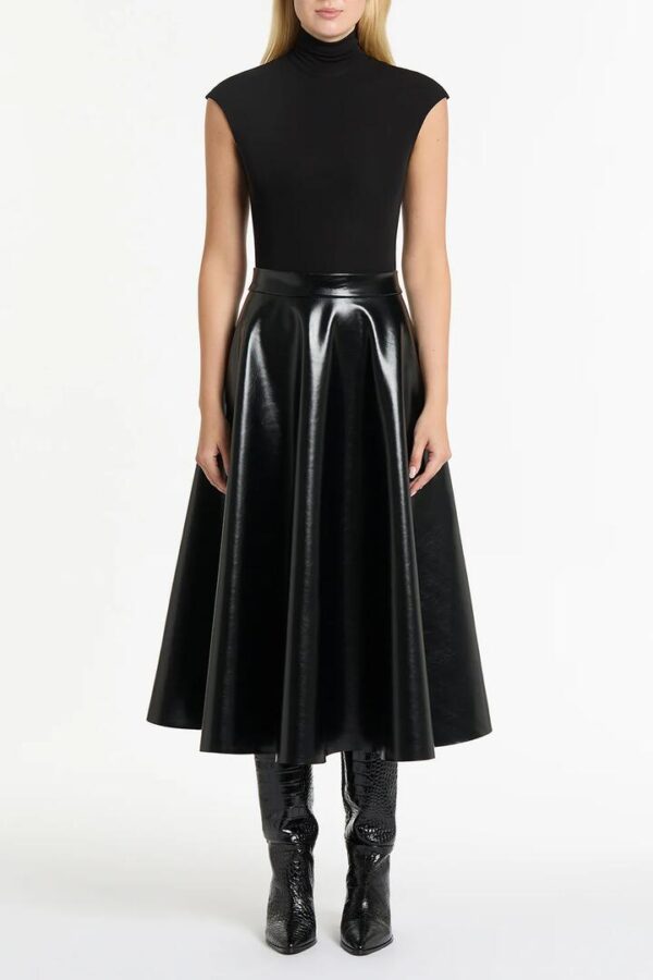 BLACK FAUX LEATHER FLARED SKIRT