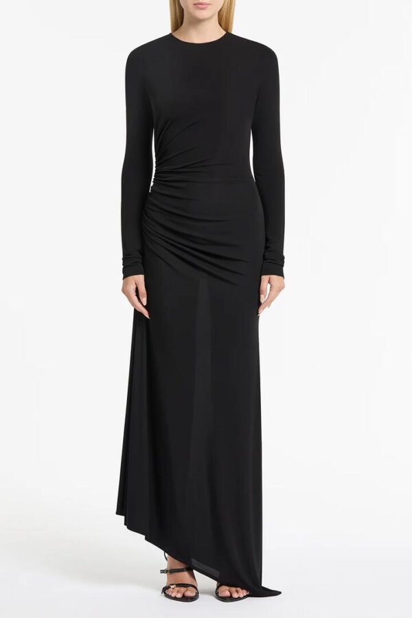 BLACK MATTE JERSEY RUCHED SIDE DRESS