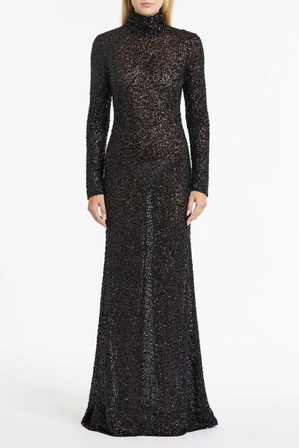BLACK CRUSHED SEQUIN SKIVVY GOWN