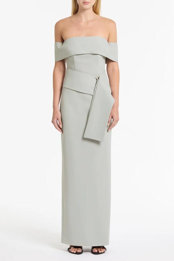 SILVER CREPE LA BANDA OFF SHOULDER GOWN