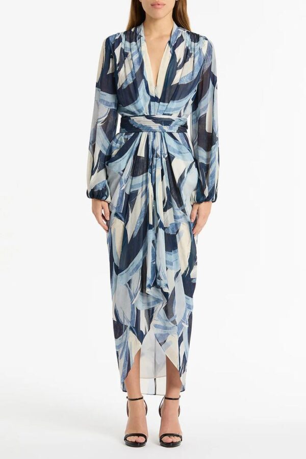 PAINTED FLORAL GEORGETTE WATERFALL DRESS