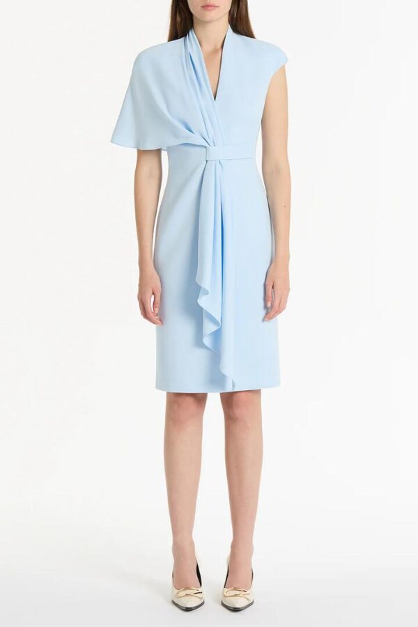 PALE BLUE CREPE ASYMMETRIC DRAPE DRESS