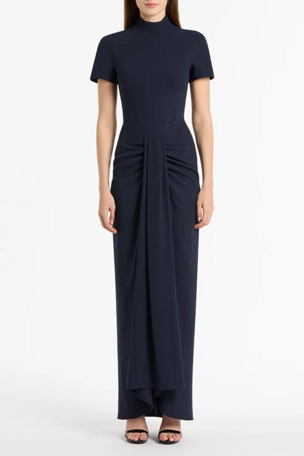 NAVY CREPE FITTED WATERFALL GOWN