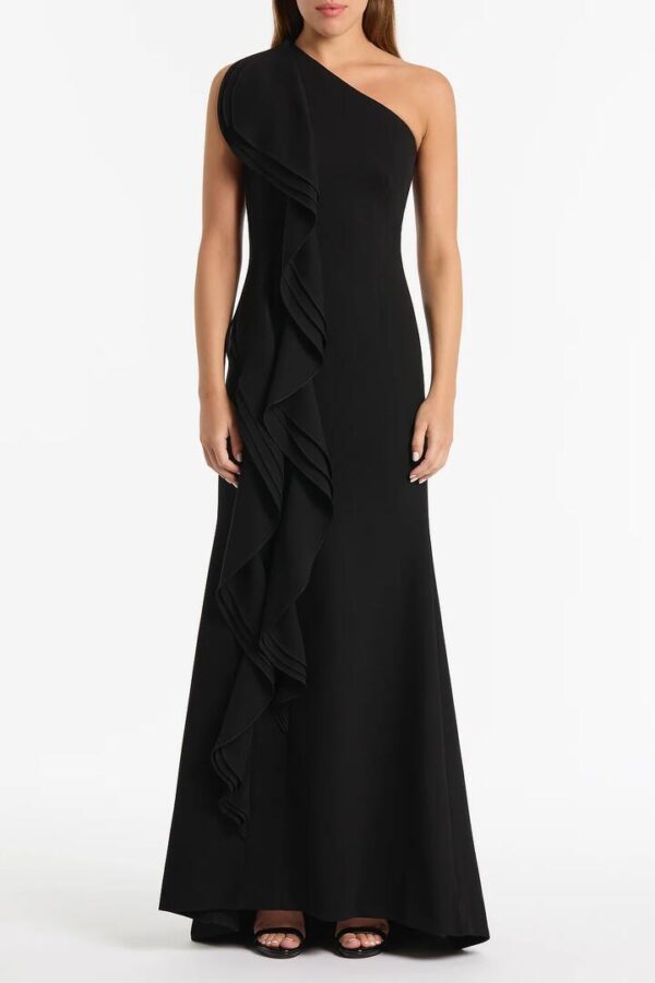 BLACK CREPE ONE SHOULDER PETAL GOWN