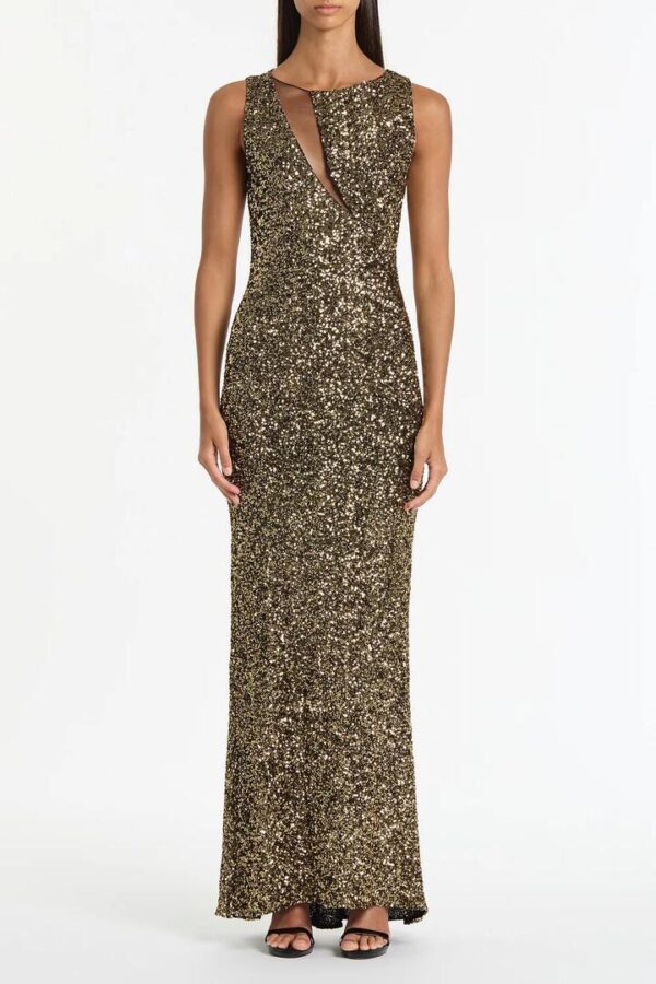 BRONZE CRUSHED SEQUIN MESH-INSERT DRESS