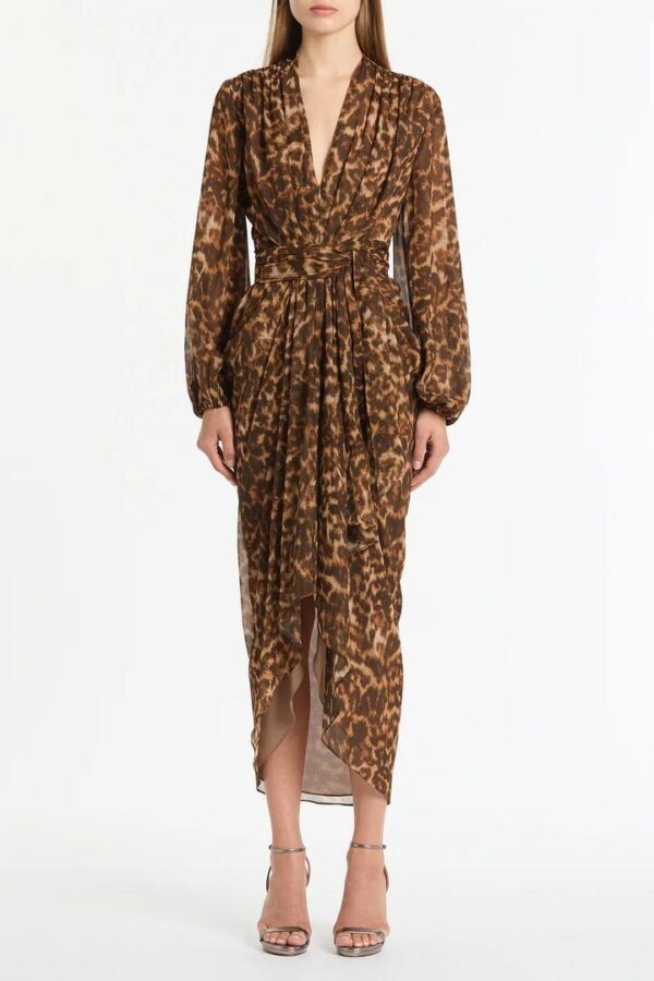 LEOPARD SILK WATERFALL DRESS