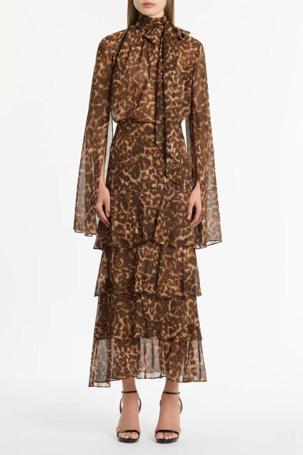 LEOPARD SILK TIERED MAXI SKIRT