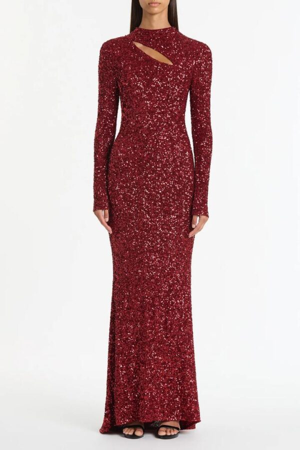 CHERRY CRUSHED SEQUIN LONG SLEEVE GOWN