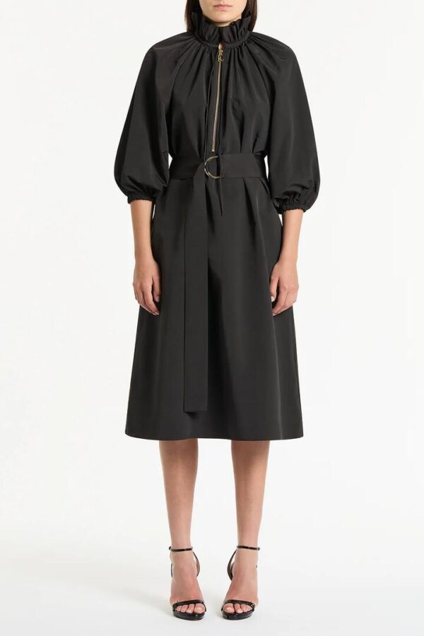BLACK TAFFETA RUFFLE ZIP DRESS