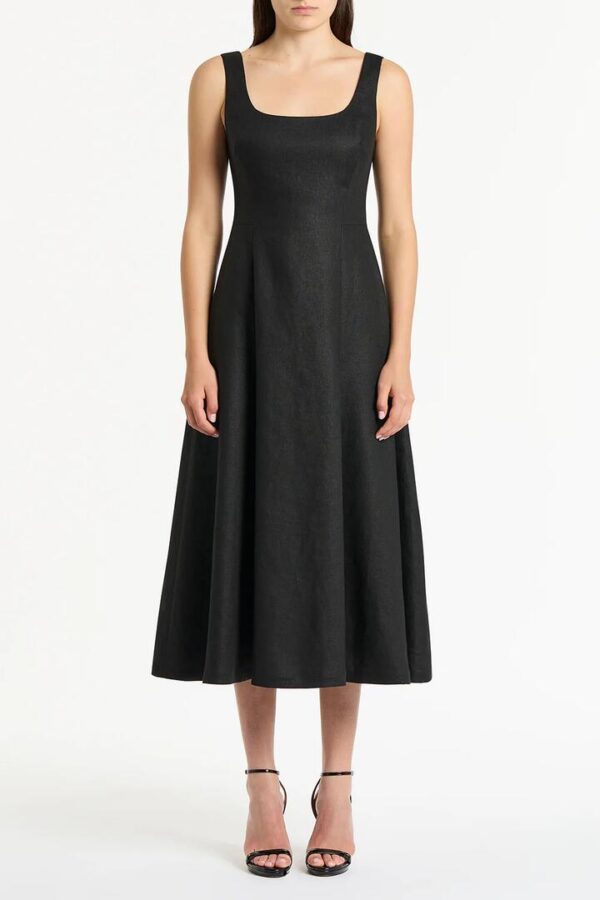 BLACK LINEN SQUARE NECK MIDI DRESS
