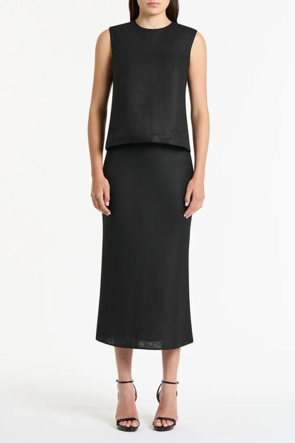 BLACK LINEN MIDI BIAS SKIRT