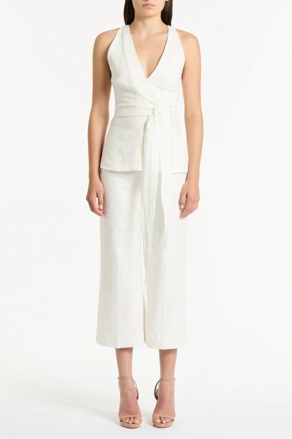 IVORY LINEN WAISTED CROP PANT