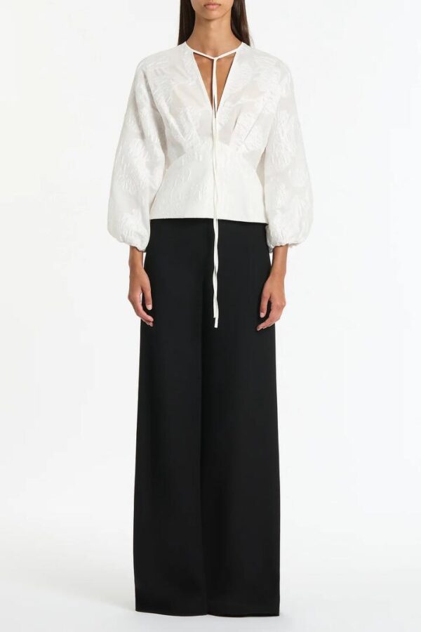 WHITE MESH JACQUARD PUFF SLEEVE BLOUSE