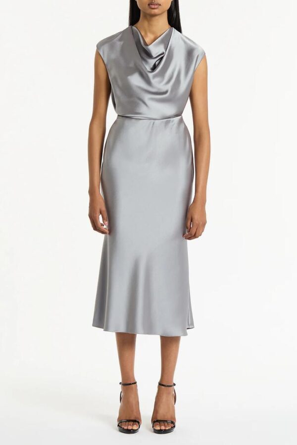 SILVER SATIN COWL NECK TOP