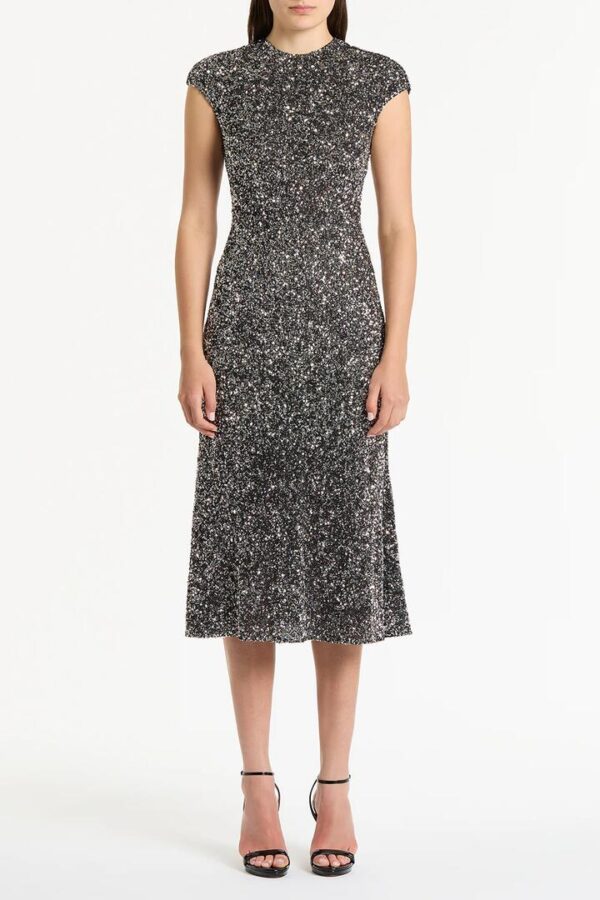 CHROME SEQUIN FLUTED MIDI DRESS