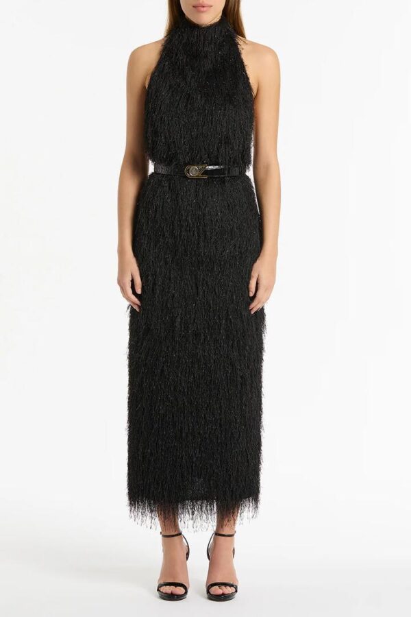 BLACK FRINGE KNIT FITTED DRESS