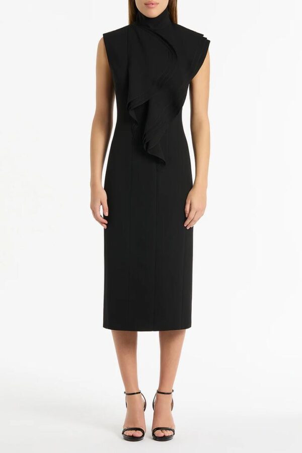 BLACK CREPE COLLAR FLOUNCE MIDI DRESS