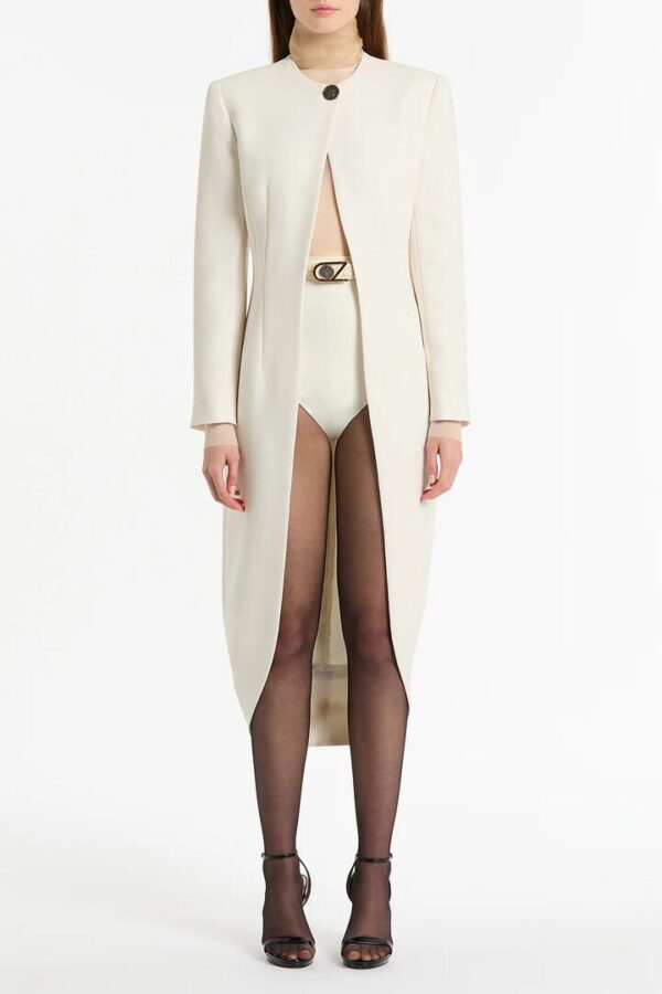 IVORY CREPE COLLARLESS DRAPE BACK COAT