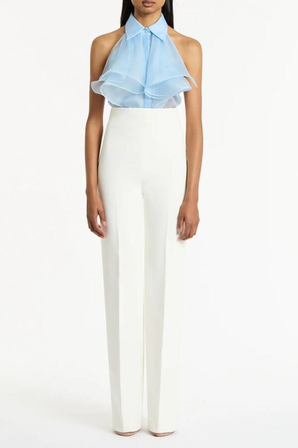 PALE BLUE ORGANZA SLEEVELESS RUFFLE TOP