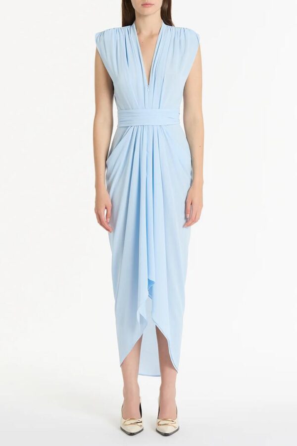 PALE BLUE GEORGETTE SLEEVELESS WATERFALL DRESS
