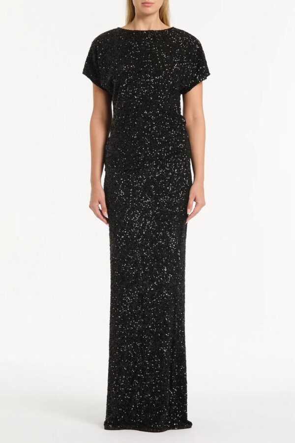 BLACK CRUSHED SEQUIN COLUMN SKIRT