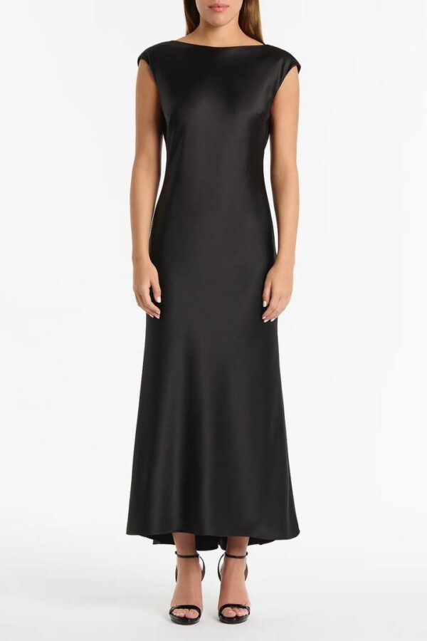 BLACK SATIN COWL BACK DRESS